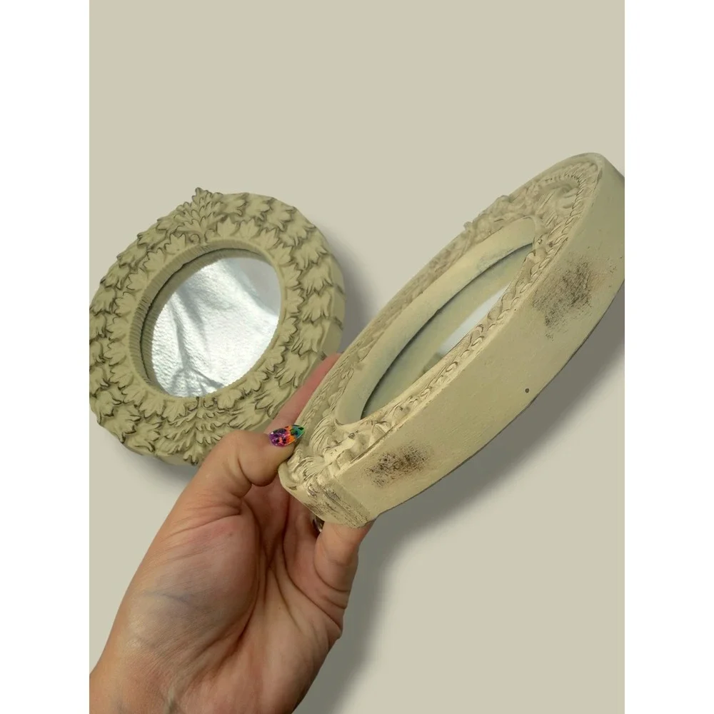 Vintage Style Ornate Round Wall Mirrors Set 2 Cream Distressed Shabby Chic